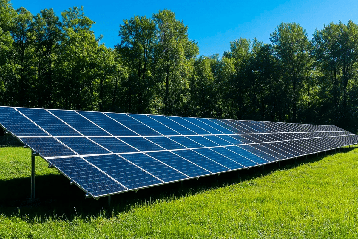 86_ of the Spanish stock market plans to become carbon neutral_Solar panels with a forest in the background_visual 2