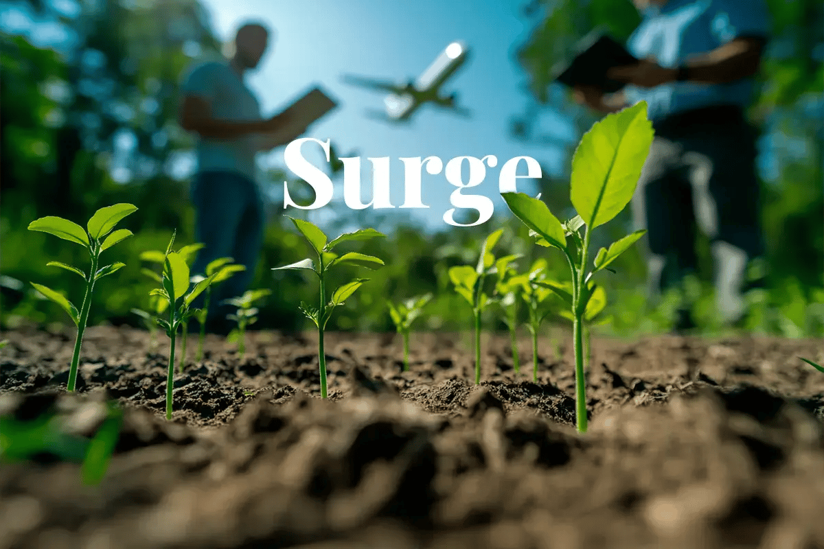 Carbon credit demand drove $16B market boom in 2024_A close up of many young tree seedlings, with workers in the background checking their condition, and a plane flying overhead_visual 1