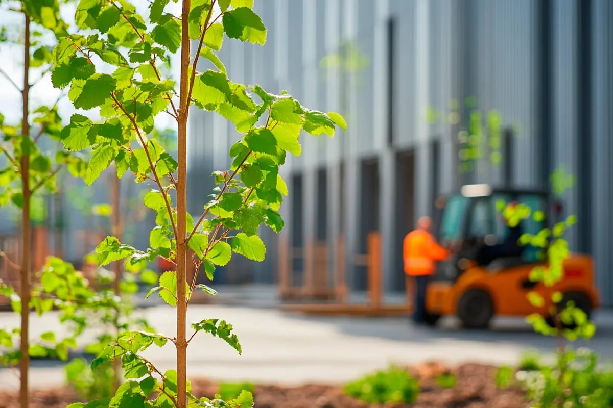 Carbon project financing, why carbon finance is the smartest bet for future proof investing_A close-up of a newly planted tree in front of a large warehouse, with workers visible in the background_visual 2