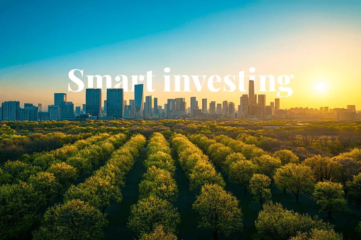 Carbon project financing, why carbon finance is the smartest bet for future proof investing_A landscape view of young trees planted in rows, with a modern city in the background_visual 1