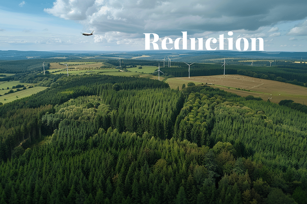 EUs carbon market slashes emissions by 47% in 15 years, study finds_Aerial view of a lush green European landscape with forests, windmills, and a plane in the sky_visual 1