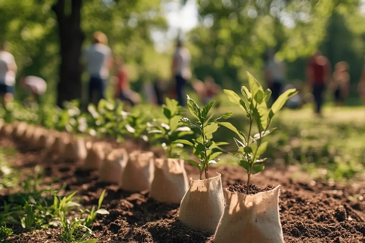 Exploring article 6 4 of the Paris Agreement a post-COP29 analysis_A close-up of tree seedlings in soil bags, with many people planting trees in the background during an environmental action in the park_visual 