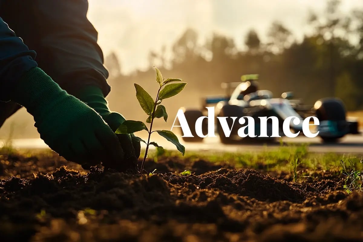 F1 team invests in nature-based carbon removal_A close-up of a forest worker planting a tree seedling, with an F1 track and a racing car in the background_visual 1