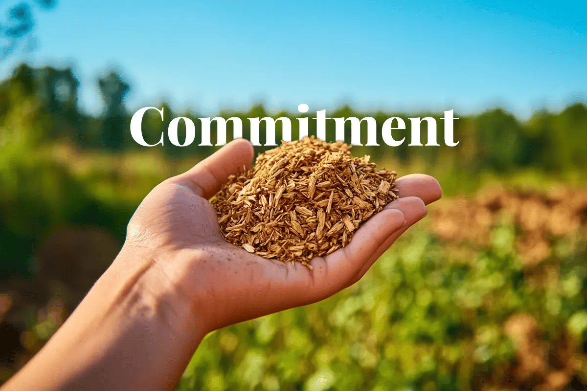 Googles carbon strategy over $100m purchased credits in 2024_A close up of a hand holding a handful of biomass with a newly planted forest in the background_visual 1