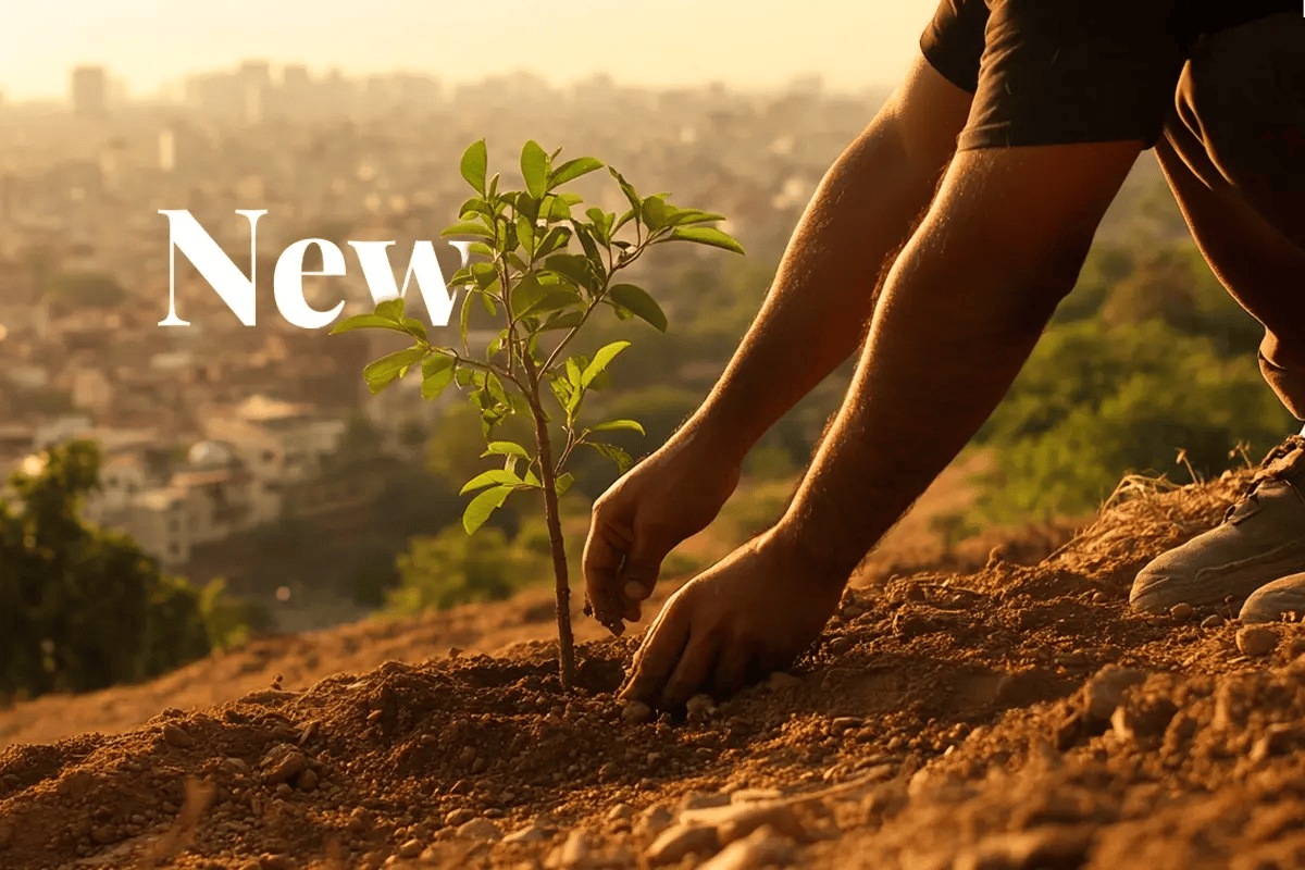 India to launch its own carbon market by 2026_A forest worker plants a sapling on a hillside in India, with New Delhi in the background_visual 1