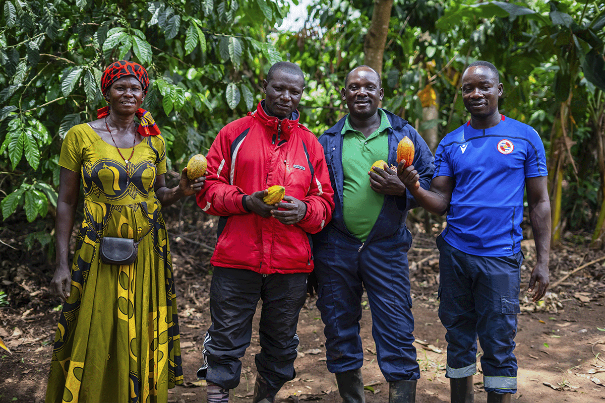 Meet the team behind the Bulindi Chimpanzee Habitat Restoration Project_Jonus with local people on a cocoa plantation_visual 4