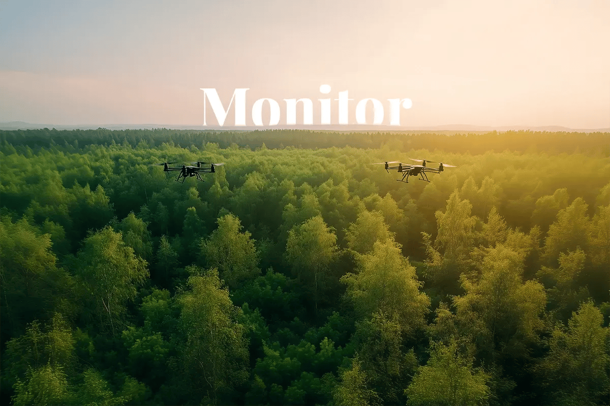 New Isometric protocol revolutionises carbon credit monitoring_Two drones are monitoring the growth of a young deciduous forest from above_visual 1