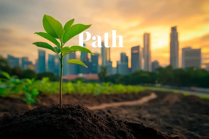 Singapore to buy carbon credits and invest in low-carbon tech_ A close-up of a green sapling against Singapore’s skyline at sunrise_visual 1