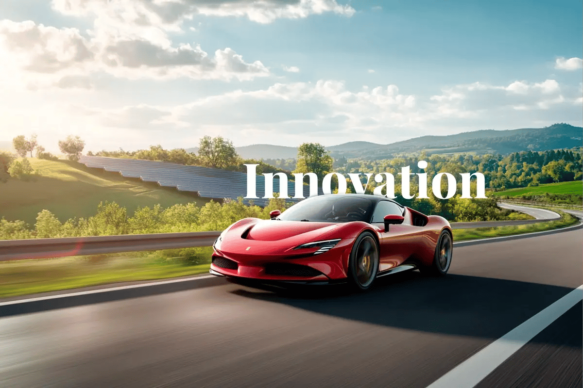 Speed meets sustainability Ferraris growth and green future unveiled_An electric Ferrari driving along a forest road with solar panels in the background_visual 1