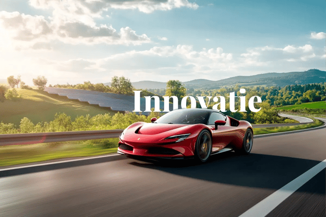 Speed meets sustainability Ferraris growth and green future unveiled_An electric Ferrari driving along a forest road with solar panels in the background_visual 1_NL