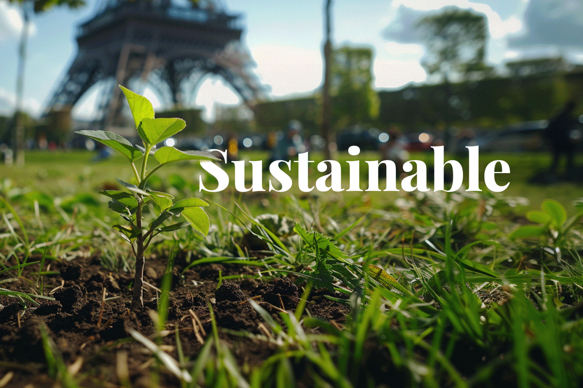 Sustainable Paris Olympics_ carbon offsets lead the way_Close-up of a tree seedling, with the Eiffel Tower Stadium in the background_visual 1