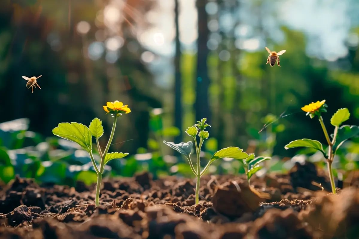 Sweet solutions_ the role of bees and Impact Investments in environmental restoration_Honeybees among young seedlings and flowers_visual 4