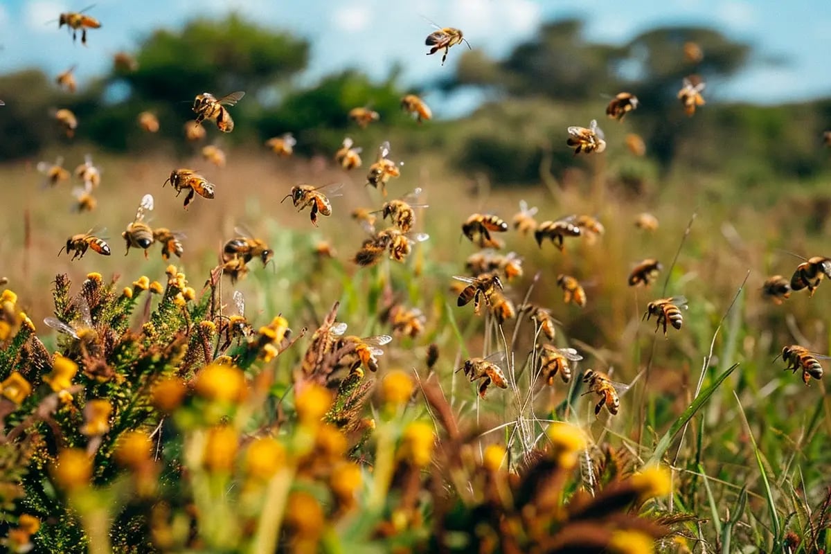 Sweet solutions_ the role of bees and Impact Investments in environmental restoration_Worker bees flying over a meadow_visual 3