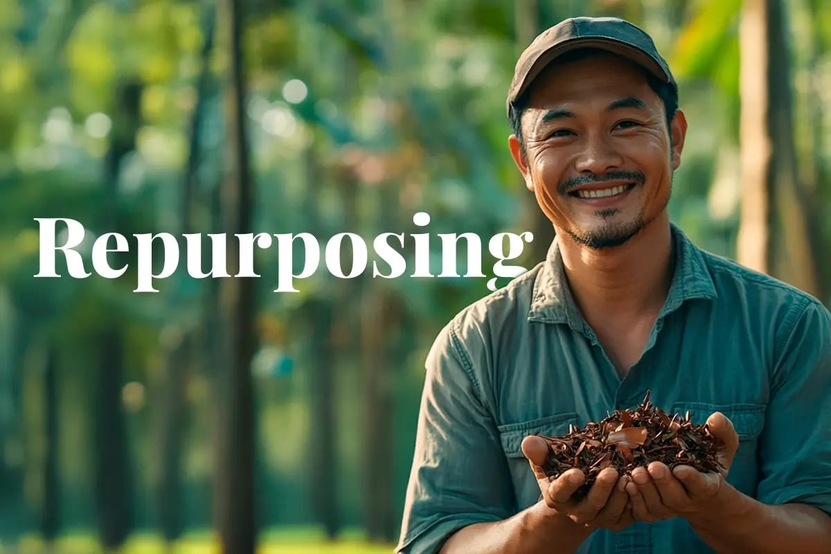 Thailand’s new biochar initiative with green carbon, rubber waste_A Thai man holding a handful of rubber tree waste, with rubber trees in the background_visual 1