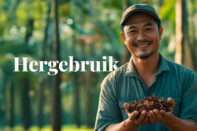 Thailand’s new biochar initiative with green carbon, rubber waste_A Thai man holding a handful of rubber tree waste, with rubber trees in the background_visual 1_NL