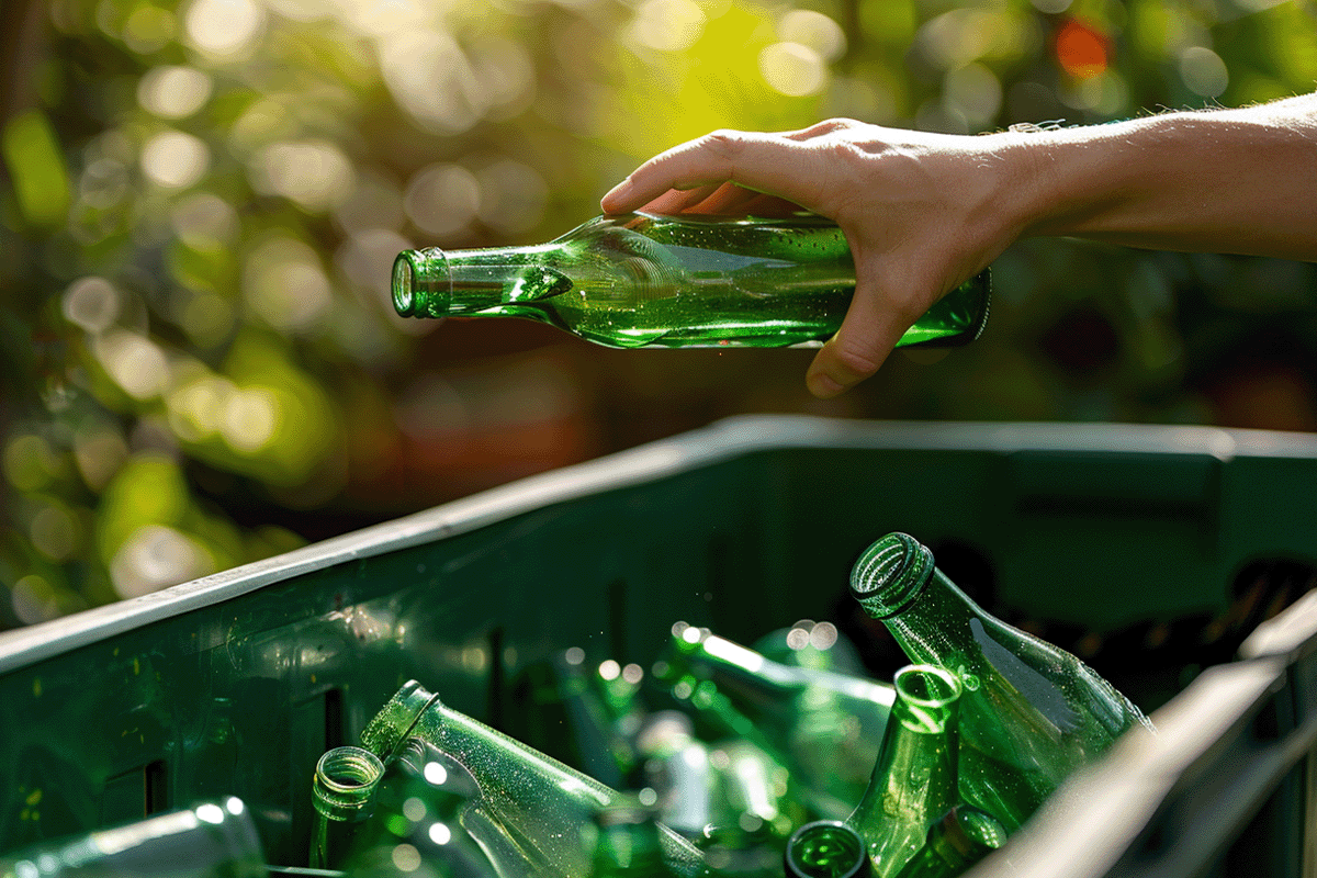 The carbon-neutral future of commercial real estate_Close-up of a man throwing a glass bottle into an appropriate container_visual 2