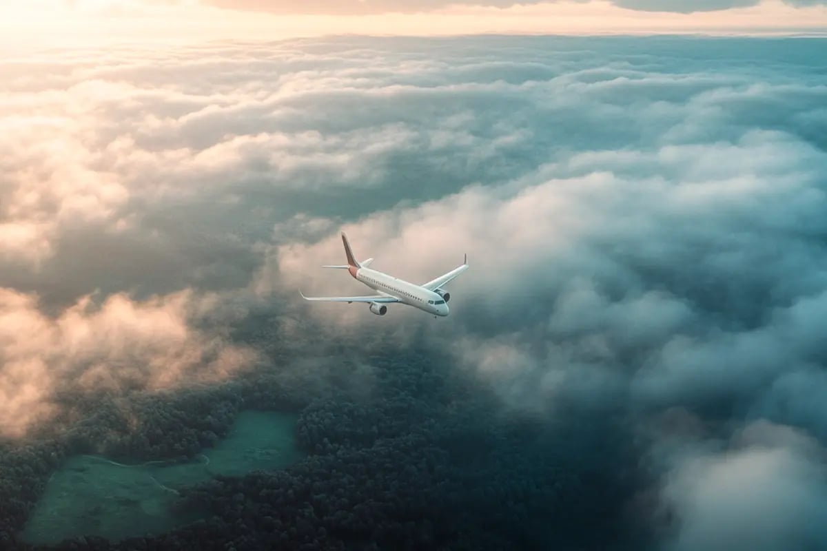 Understanding carbon footprints_ impact, benefits, and reporting_A plane flying over the forest_visual 4