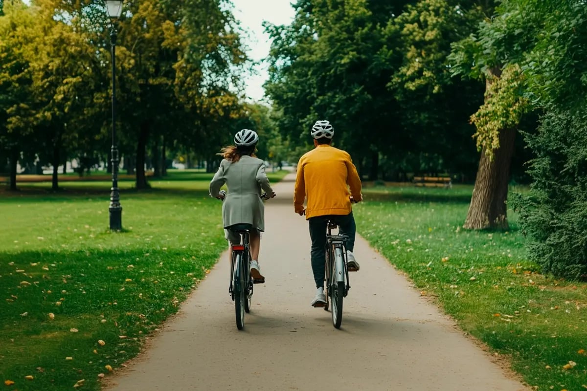 Understanding carbon footprints_ impact, benefits, and reporting_People riding bikes through the park to work_visual 6