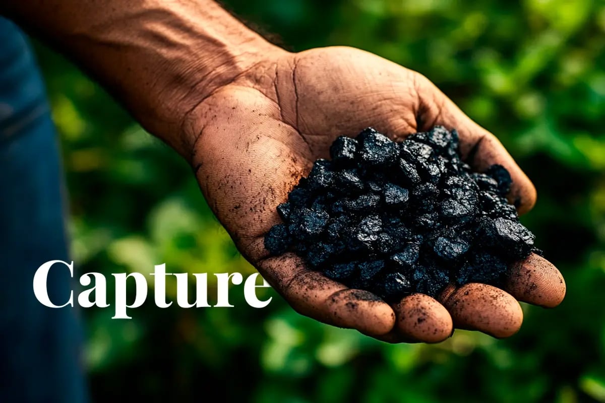 Verra registers first biochar carbon removal project_Close-up of an Indian mans hand holding pieces of a biochar, with green forest in the background_visual 1