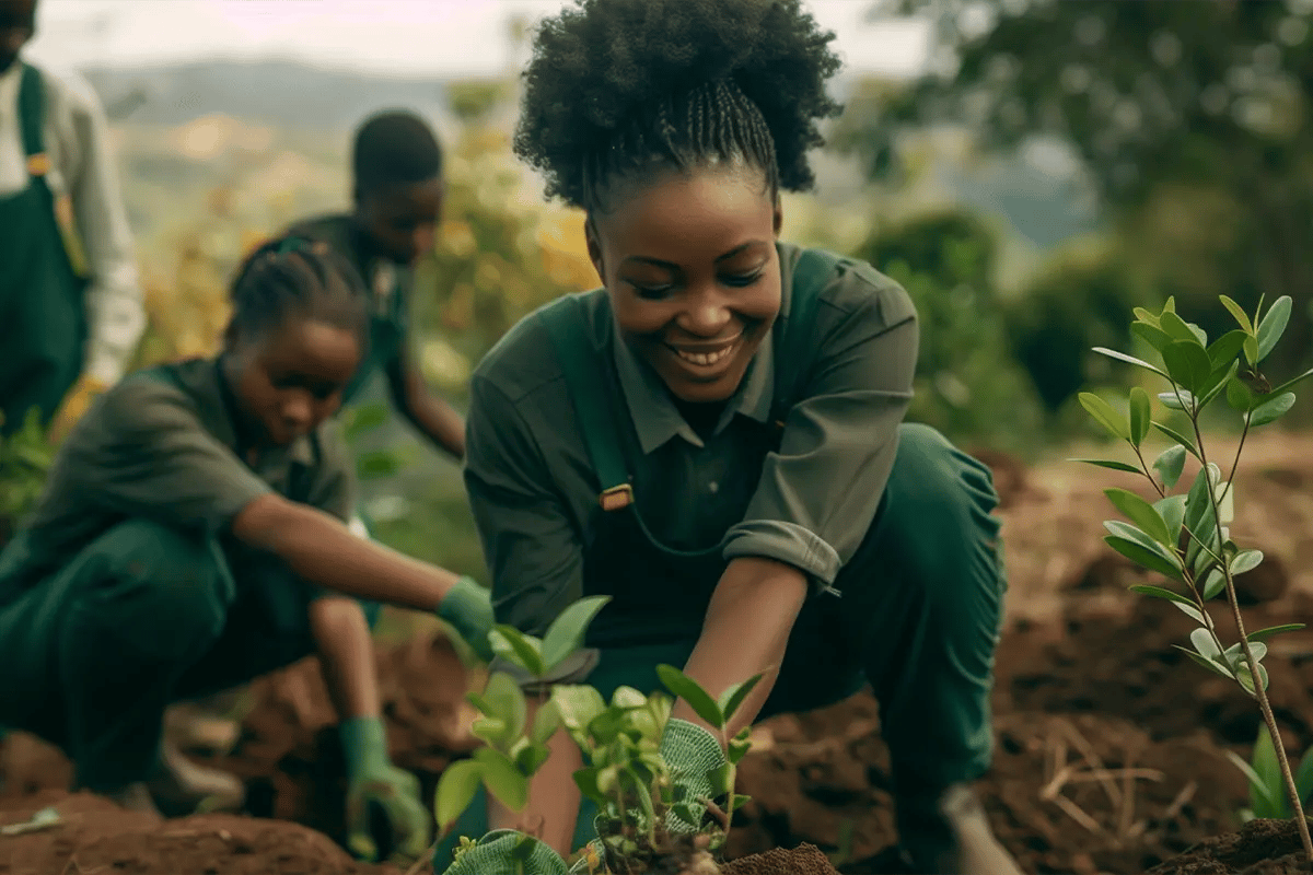 Why invest in carbon credits__A local community from Africa planting trees in a forest_visual 1